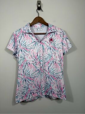 Yatta Golf Women’s M Pink Teal Tropical Palm Print Polo Shirt 19/24 Logo